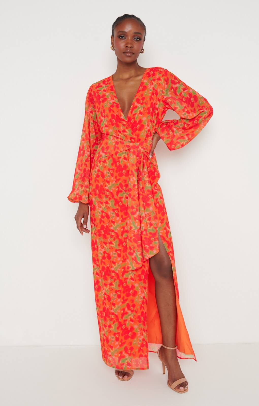 Pretty Lavish Alexis Knot Drape Red and Orange Floral Dress