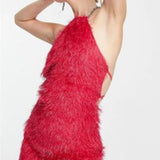 Amy Lynn Faux Feather Halter Neck Mini Dress In Fuschia Pink