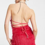 Amy Lynn Faux Feather Halter Neck Mini Dress In Fuschia Pink