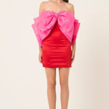 Amy Lynn Oscar Premium Satin Mini Dress With Extreme Bow In Pink And Red Contrast