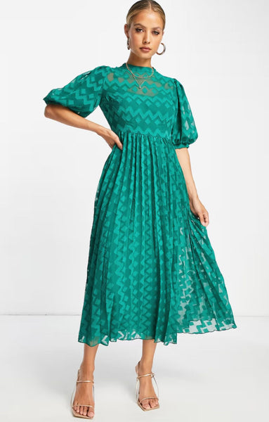 Rent ASOS DESIGN High Neck Pleated Chevron Dobby Midi Dress With Puff  Sleeve In Forest Green