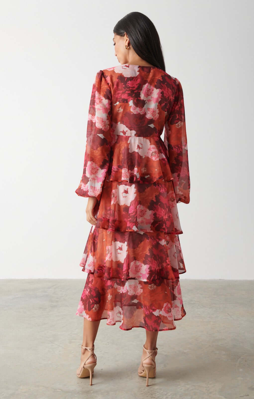 Pretty Lavish Ashton Ruffle Orange and Wine Floral Midi Dress
