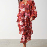 Pretty Lavish Ashton Ruffle Orange and Wine Floral Midi Dress