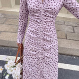Asos Design Gathered Waist Midi Satin Shirt Dress In Lilac Floral