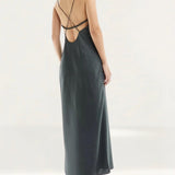 Asos Design Satin Cut Out Cami Midi Dress In Charcoal Grey