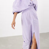 Asos Edition Bardot Bow Tie Neck Detail Midi Dress In Lilac