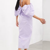 Asos Edition Bardot Bow Tie Neck Detail Midi Dress In Lilac