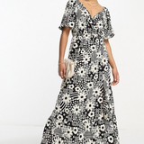Asos Design Tall Wrap Bodice Button Through Skirt With Pep Hem Midi Dress In Mono Floral