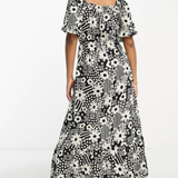 Asos Design Tall Wrap Bodice Button Through Skirt With Pep Hem Midi Dress In Mono Floral