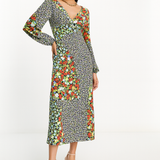 Asos Design Long Sleeve V Neck Midi Dress In Mixed Print