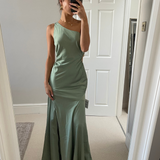 Asos Design Satin One Shoulder Maxi Dress With Waist Detail In Sage Green