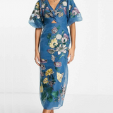 Asos Edition Floral Embroidered Organza Midi Dress In Steel Blue