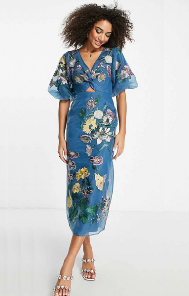 Asos Edition Floral Embroidered Organza Midi Dress In Steel Blue Asos Edition Floral Embroidered Organza Midi Dress In Steel Blue