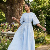 Asos Edition Puff Sleeve Midi Dress With Cut Out Back And Beaded Embroidery In Blue