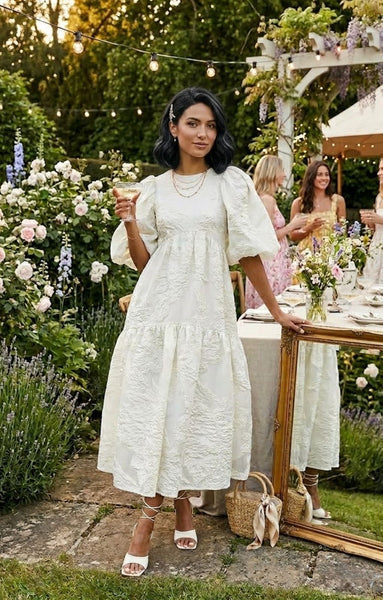 Rent Asos Edition Tiered Metallic Floral Jacquard Midi Dress In Ivory