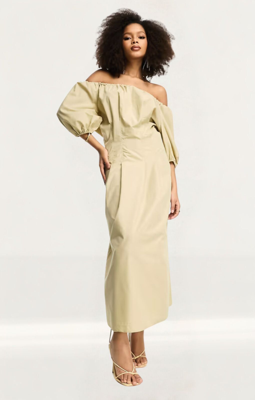 ASOS DESIGN Clean Cotton Corset Waist Off Shoulder Maxi Dress In Neutral