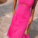 Asos Design Ruched Bust Cut Out Bias Maxi Dress In Hot Pink