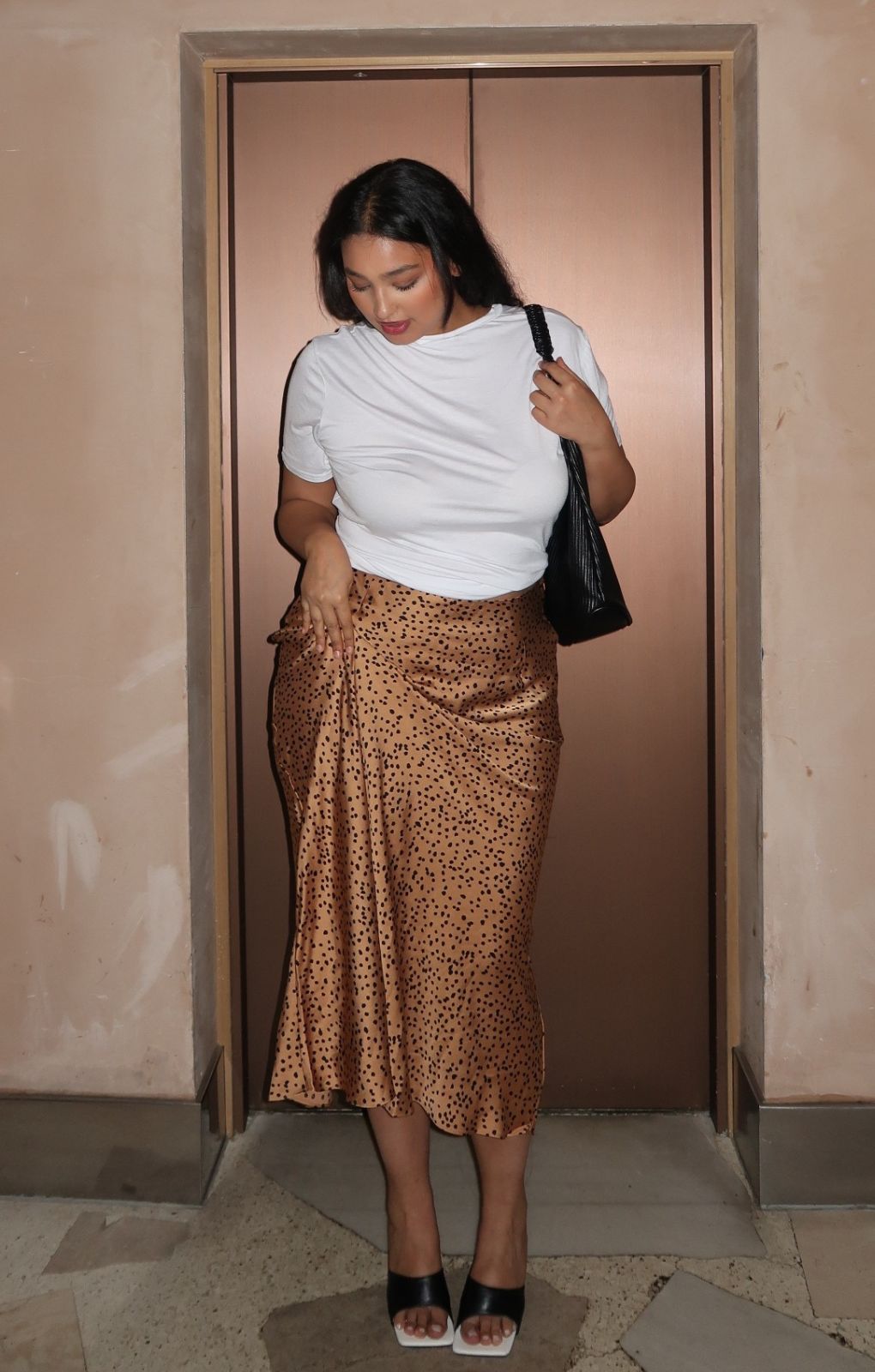 Glamorous Curve Bias Cut Spot Satin Midi Skirt
