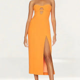 Bardot Brisa Bandeau Midi Dress With Split In Orange