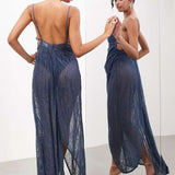 ASOS EDITION Fine Lace Cami Maxi Dress With Drape Detail In Dark Blue