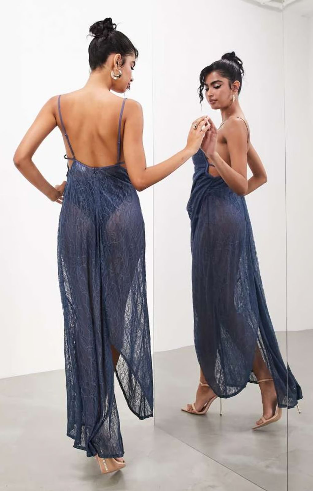 ASOS EDITION Fine Lace Cami Maxi Dress With Drape Detail In Dark Blue