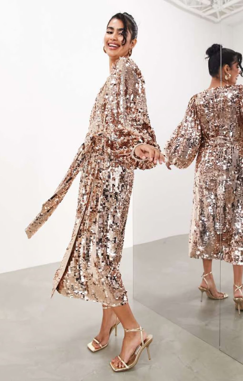 ASOS EDITION Batwing Sleeve Sequin Wrap Midi Dress In Gold