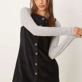 Nobody's Child Black Cord Button Down Bay Pinafore Mini Dress