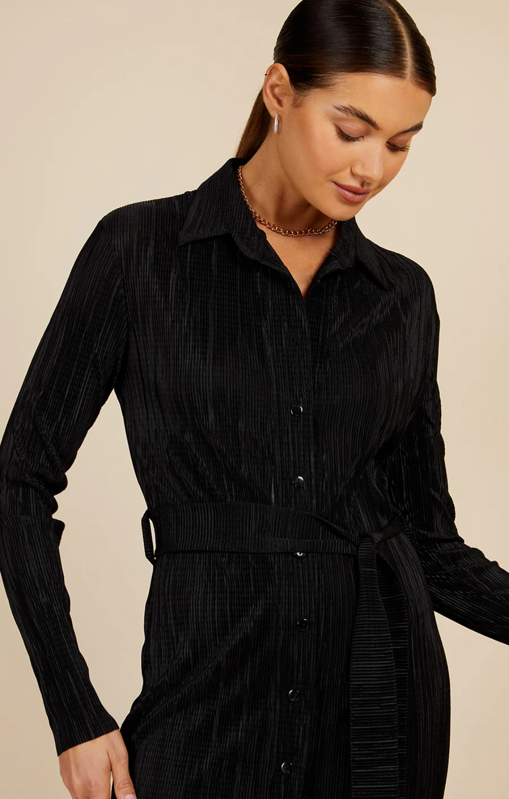 Little Mistress Black Plisse Midi Shirt Dress