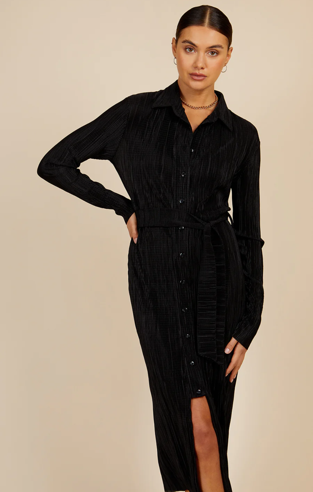 Little Mistress Black Plisse Midi Shirt Dress