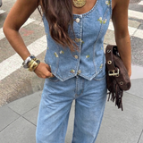 Nobody's Child Blue Denim Daisy Embroidered Waistcoat
