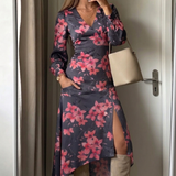Liquorish Satin Maxi Dress With Split In Pink And Dark Grey Floral