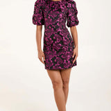 Blue Vanilla Luxe Puff Sleeve Jacquard Mini Dress