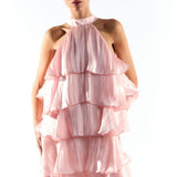 Collective The Label Pink Metallic Halter Neck Tiered Ruffle Dress