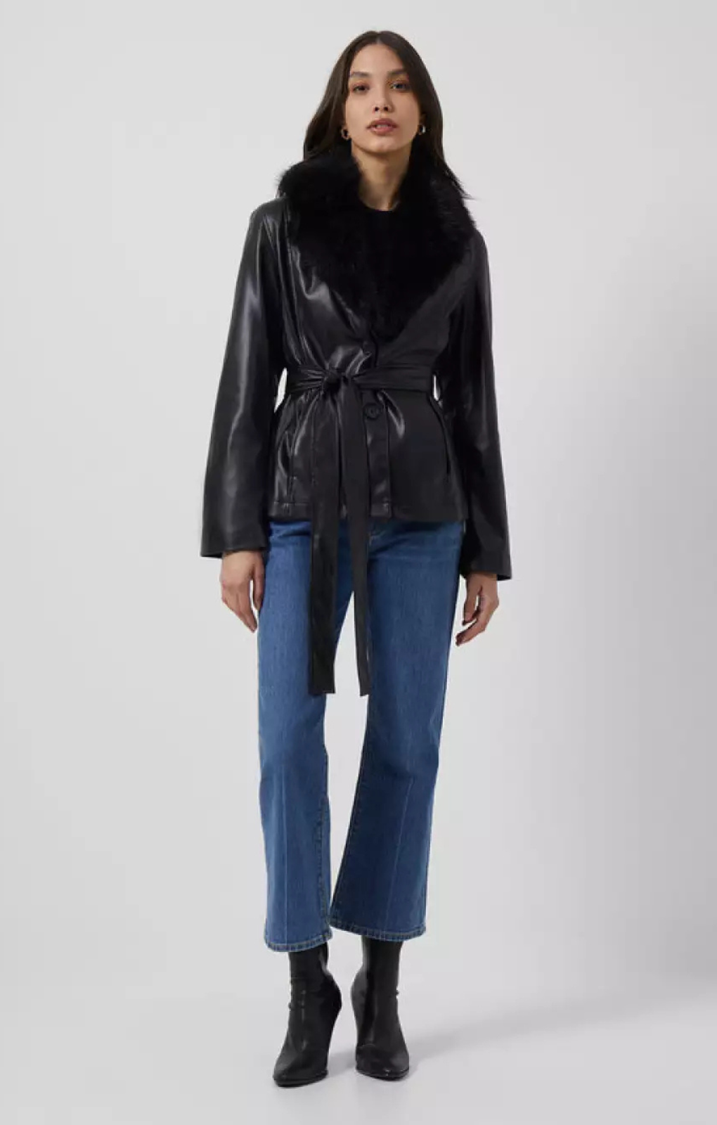 French Connection Etta Vegan Leather Faux Fur Short Jacket