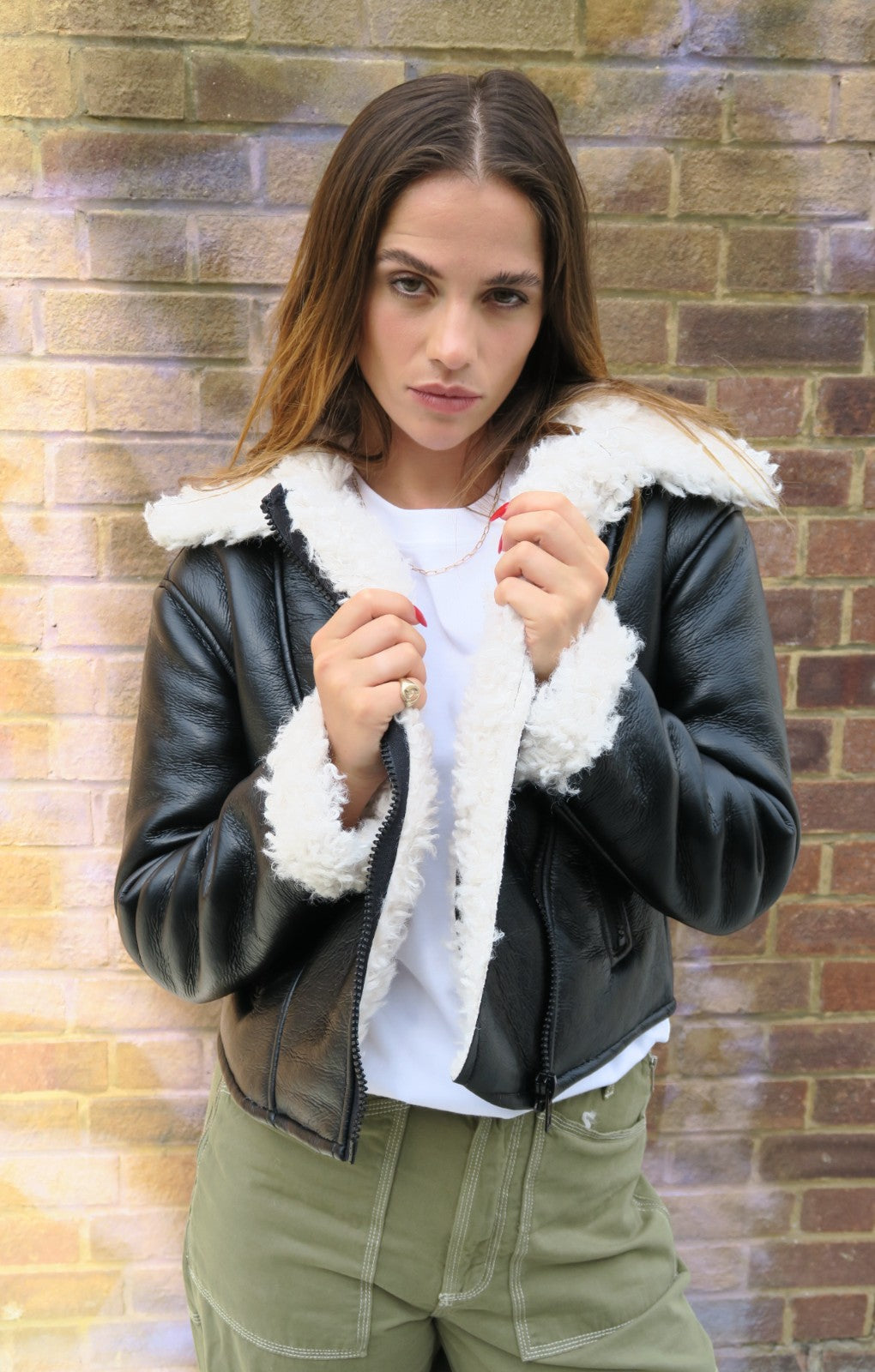 Topshop Cropped Faux Shearling Aviator Jacket With Shaggy Fur Lining In Black