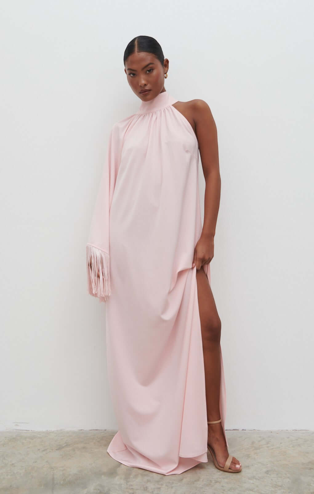 Pretty Lavish Cora One Shoulder Blush Pink Fringed Maxi Dress