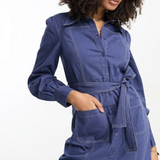 Asos Design Twill Belted Shirt Dress With Contrast Stitch In Blue