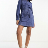 Asos Design Twill Belted Shirt Dress With Contrast Stitch In Blue