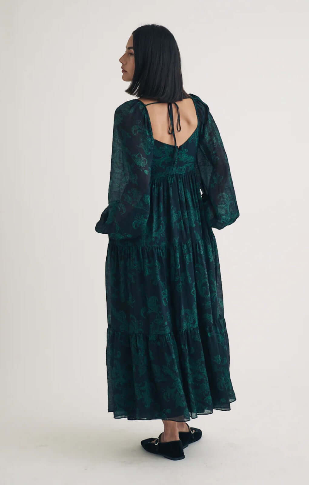 Nobody's Child Emerald Green Floral Balloon Sleeve Char Midi Dress