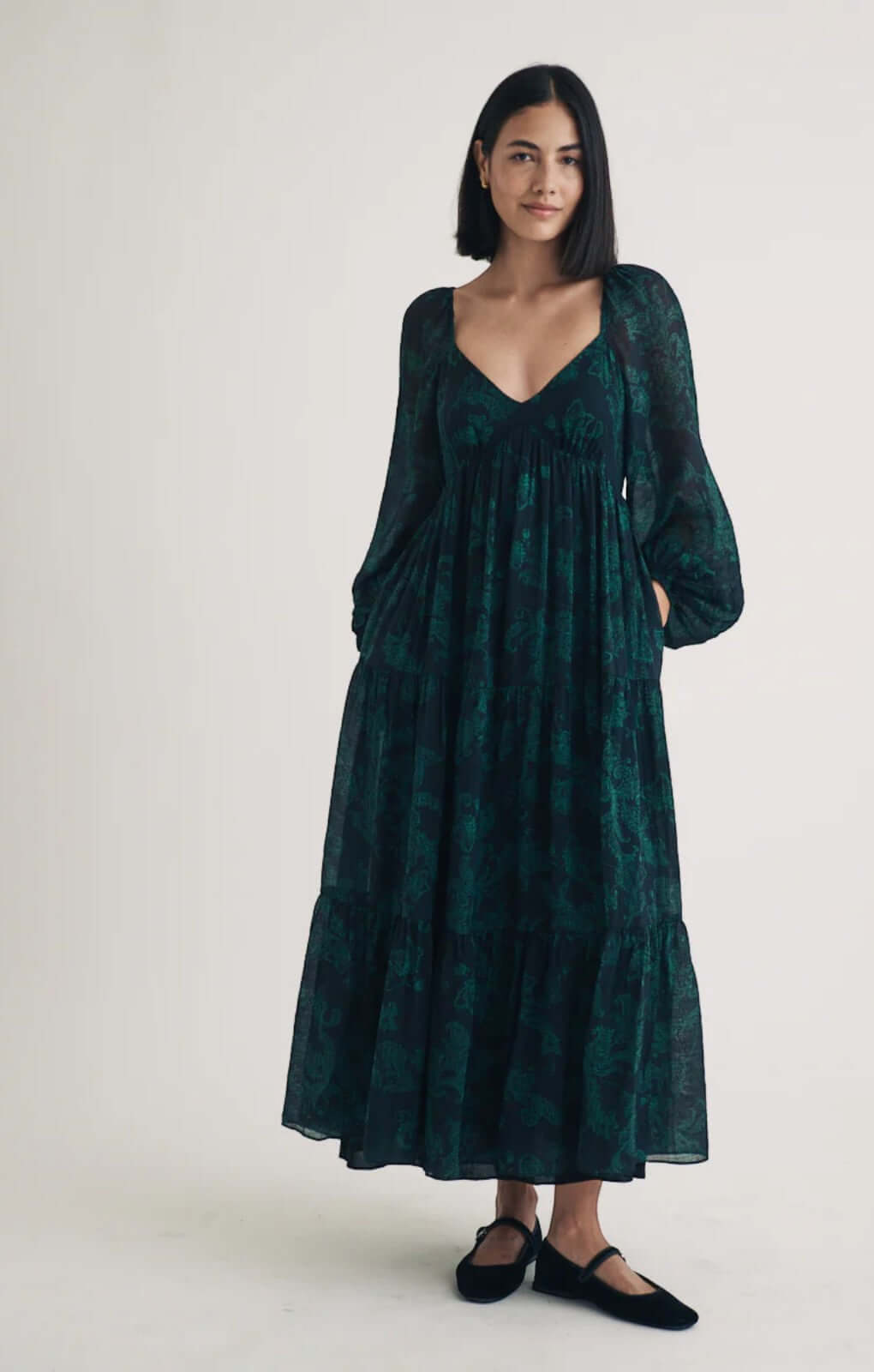 Nobody's Child Emerald Green Floral Balloon Sleeve Char Midi Dress