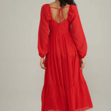 Nobody's Child Red Balloon Sleeve Tiered Char Midi Dress