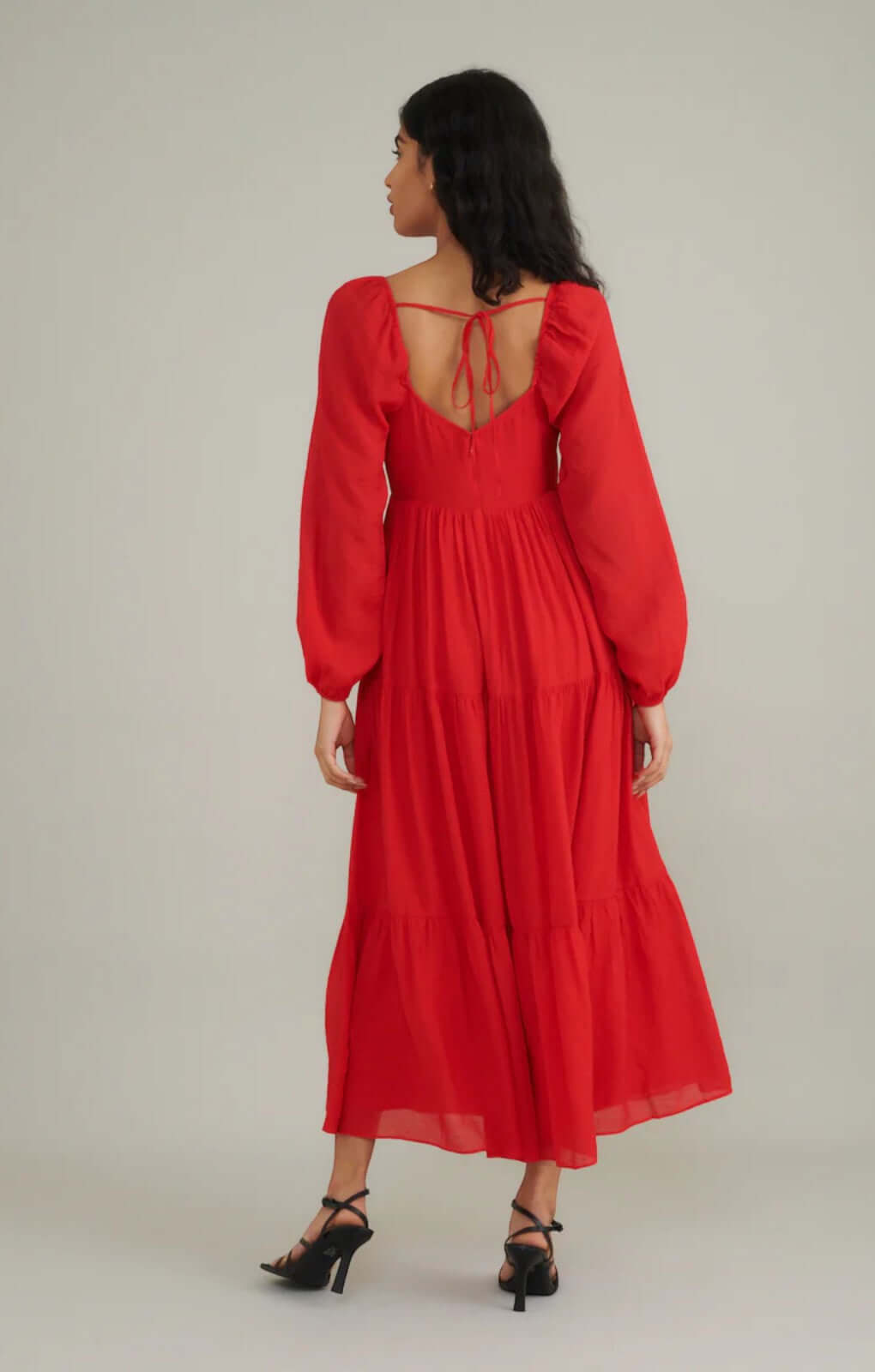 Nobody's Child Red Balloon Sleeve Tiered Char Midi Dress
