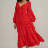 Nobody's Child Red Balloon Sleeve Tiered Char Midi Dress