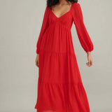 Nobody's Child Red Balloon Sleeve Tiered Char Midi Dress