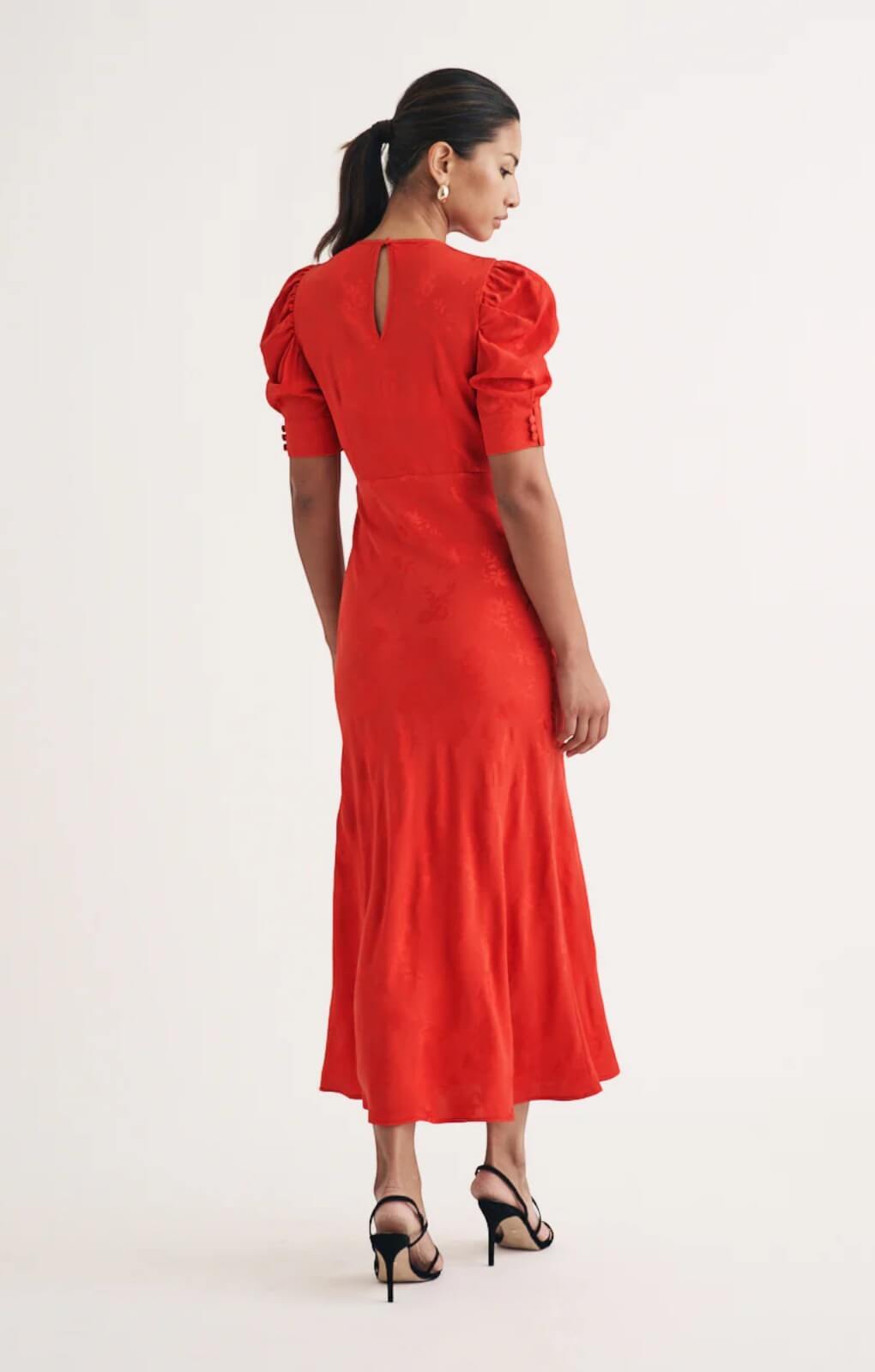 Nobody's Child Red Floral Jacquard Ruched Sleeve Moira Midi Dress