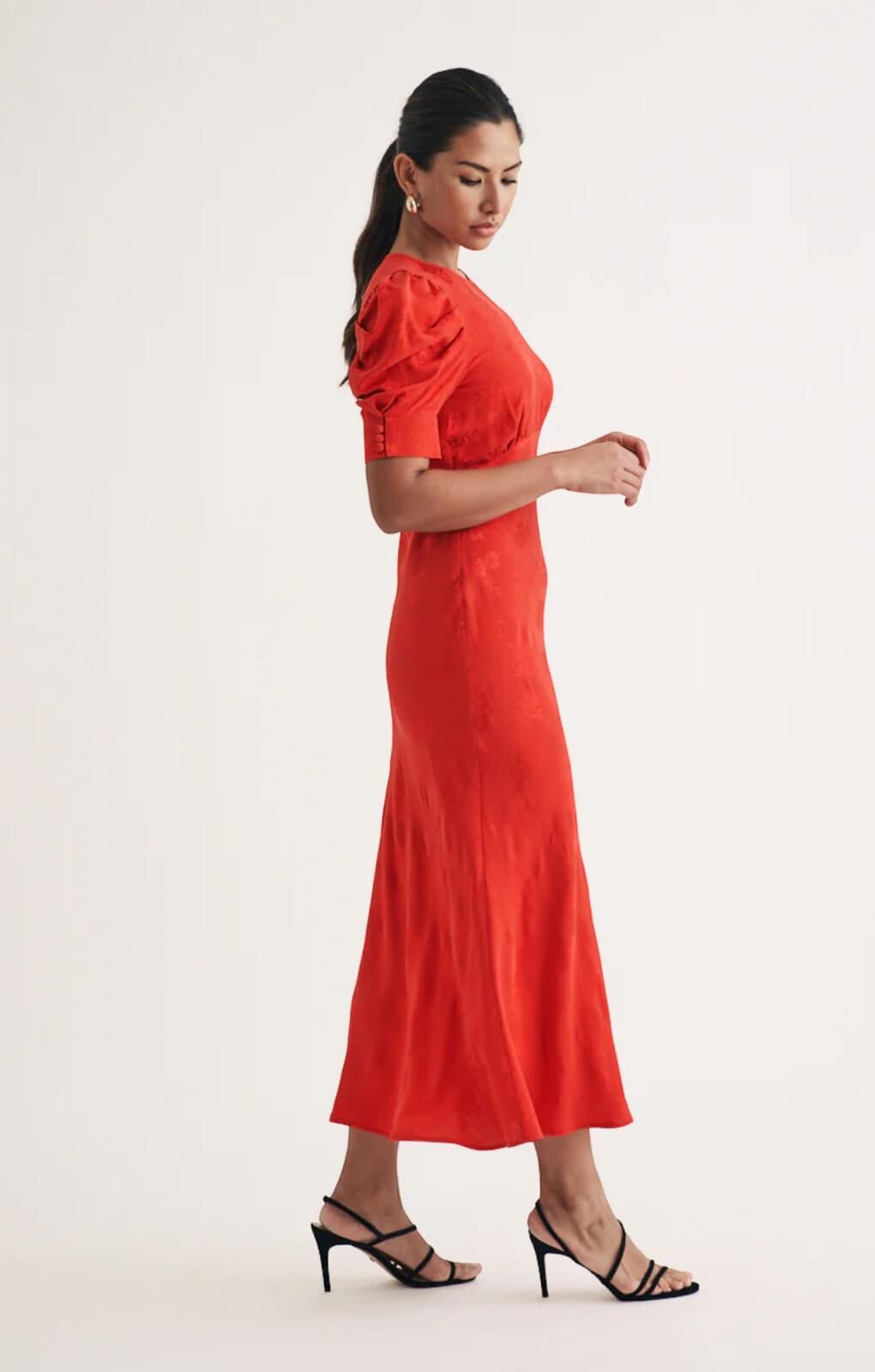 red satin jacquard moira midi dress MOIRA DRESS