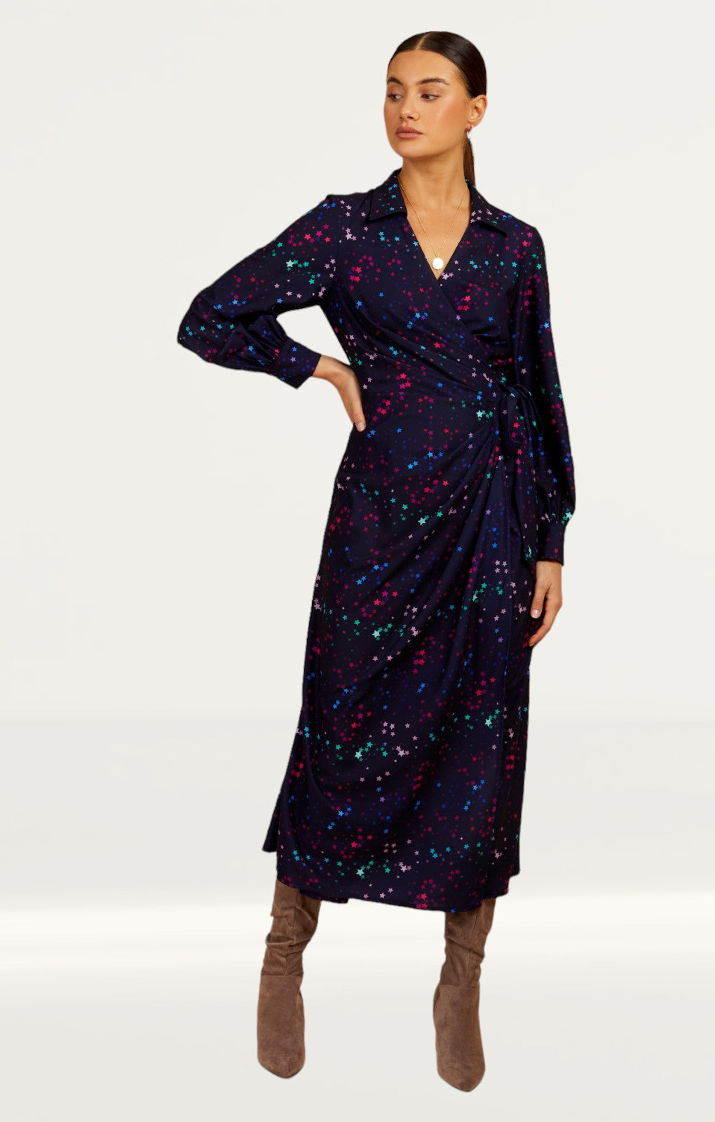 Little Mistress Navy Star Print Midaxi Mock Wrap Dress By Vogue Williams