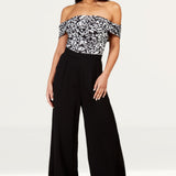 Little Mistress Monochrome Printed Mesh Bardot Jumpsuit