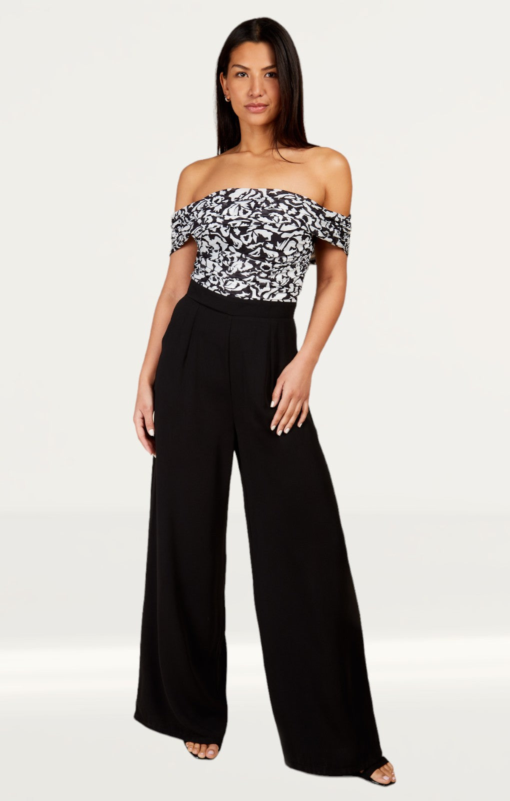 Little Mistress Monochrome Printed Mesh Bardot Jumpsuit
