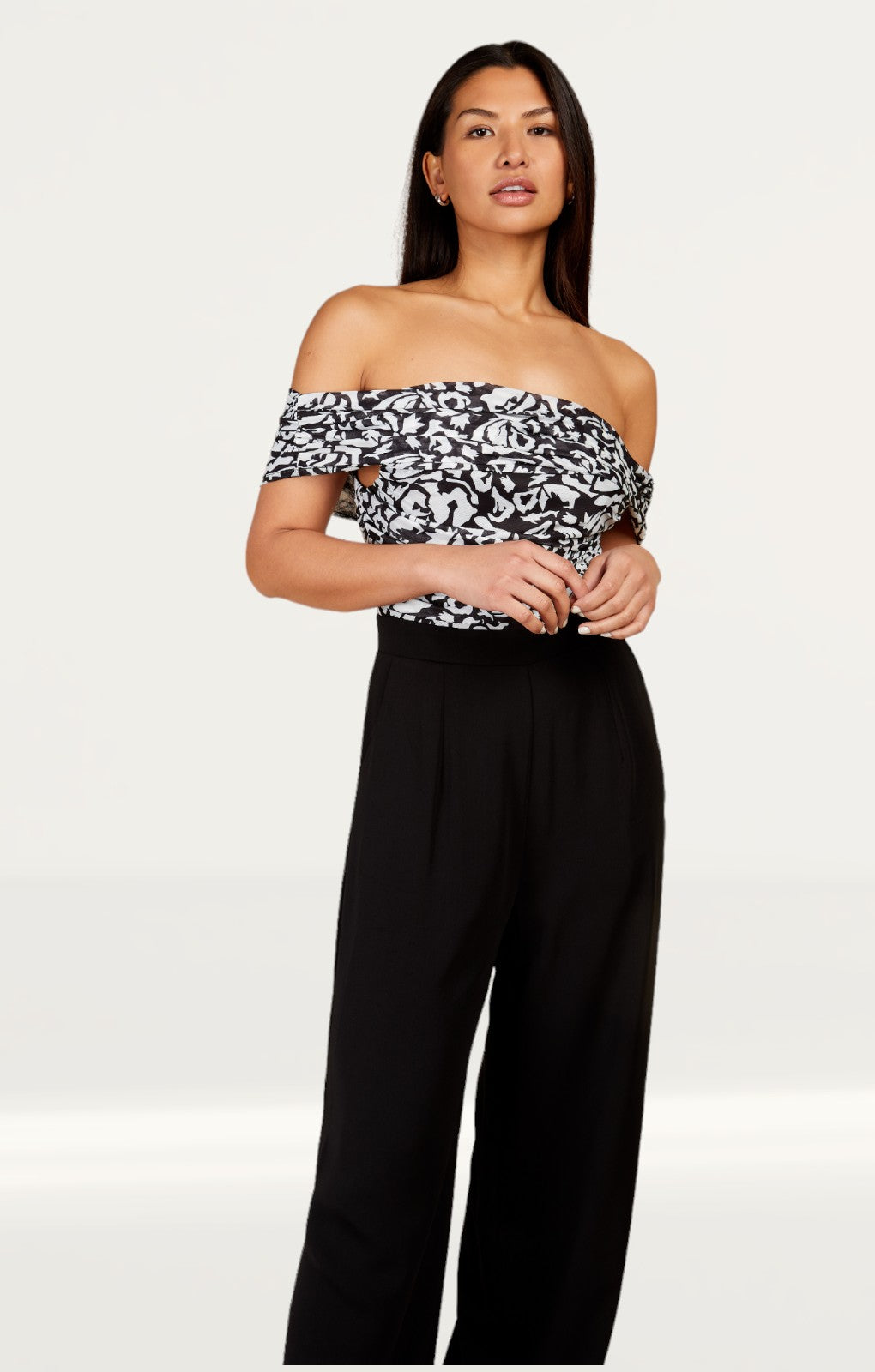 Little Mistress Monochrome Printed Mesh Bardot Jumpsuit